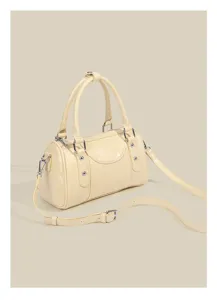 Beige cylindrical Boston shoulder bag, premium PU leather commute handbag with adjustable strap.