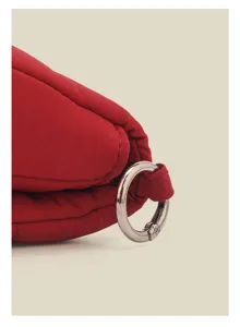 Red quilted coin purse detail shot, mini zipper pouch with metal ring charm for daily use.
