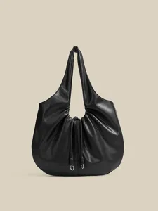 Borsa a spalla nera arricciata da donna, elegante borsa a mano hobo in morbida pelle.