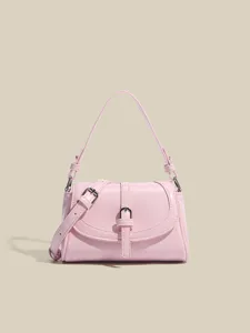 Pink patent leather retro small shoulder crossbody bag for women, chic commuter handbag.