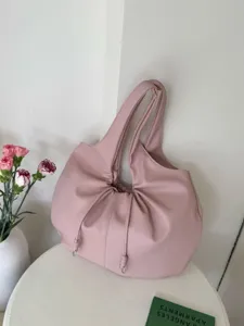Korean style pink pleated shoulder bag, soft leather hobo tote, elegant daily commuting bag.