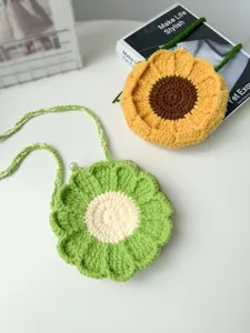 Handcrafted crochet flower shoulder bag, cute sunflower and green floral crossbody knit purses for women