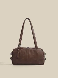 Brown retro boston shoulder bag biker style PU leather underarm daily bag for women