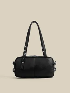 Black retro boston shoulder bag underarm PU leather motorcycle style minimalist stylish woman