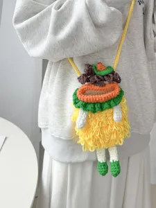 Cute handmade crochet phone bag, cartoon doll shoulder bag, unique knit crossbody bag.
