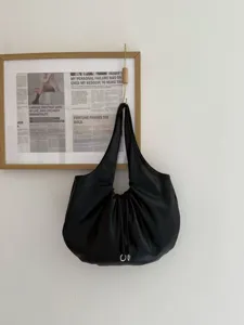 Stylish black ruched shoulder bag for women, trendy ins minimalist commuting hobo handbag.