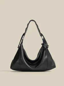 Black leather hobo shoulder bag for women, large capacity stylish casual tote for daily work.