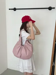 Korean ins style pleated shoulder bag for women, trendy pink slouchy hobo handbag daily commute.