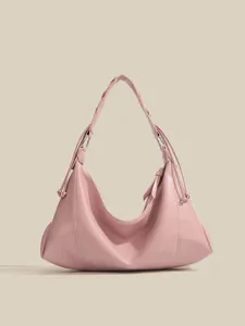 Pink slouchy hobo shoulder bag for women, large capacity faux leather casual daily purse.