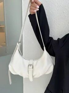 Minimalist white hobo shoulder bag for women, chic daily dumpling bag with buckle and zipper.