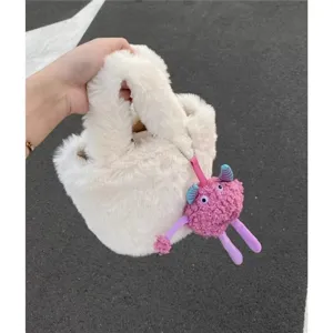Fluffy plush handbag for women autumn winter cute monster charm bucket bag casual crossbody