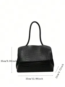 Black crocodile pattern leather shoulder bag, detailed view of retro design and flap closure.