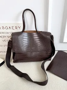 Vintage Brown Crocodile Pattern Large Capacity Shoulder Bag With Pouch Casual Tote