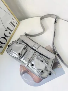 Silver metallic shoulder bag with front pockets, trendy Y2K motorcycle style baguette purse.