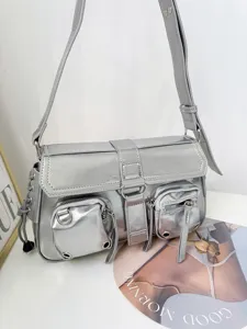 Metallic silver shoulder bag Y2K motorcycle cargo style chic crossbody bag for women