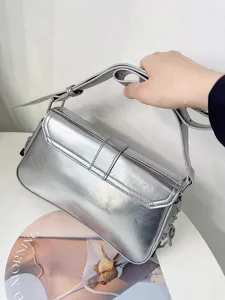 Silver metallic shoulder bag stylish baguette purse chic underarm handbag for women