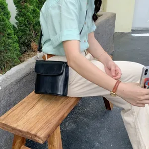 Korean style chic black leather crossbody bucket bag versatile casual single shoulder bag women