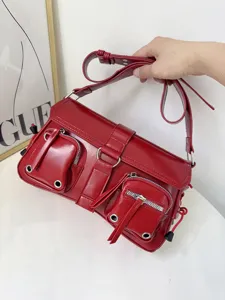 Red PU leather shoulder bag, Y2K motorcycle style baguette bag with multi utility pockets.