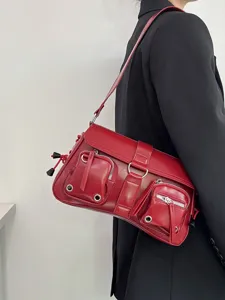Red motorcycle shoulder bag for women, trendy multi-pocket zipper baguette bag underarm.