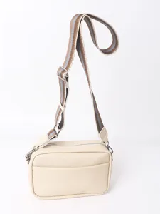 Beige PU leather crossbody bag with wide striped strap, casual women shoulder bag.