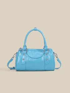 Light blue leather boston shoulder bag stylish commute handbag casual crossbody bag for women
