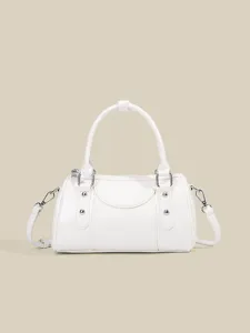 White Boston shoulder bag for women, stylish PU leather handbag with top handle and crossbody strap.