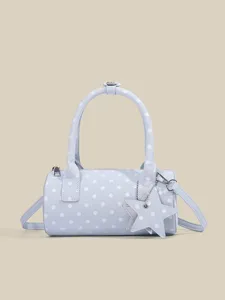 Sweet polka dot barrel handbag with star charm, versatile shoulder crossbody bag for women.