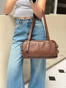 Retro Brown Boston Shoulder Bag Women PU Leather Chic Daily Underarm Bag Casual Handbag