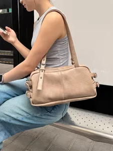 Vintage style khaki boston shoulder bag for women retro minimalist underarm pillow bag