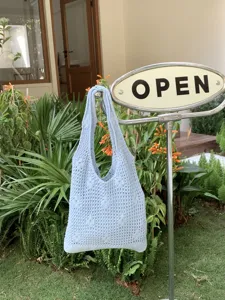 Light blue knit crochet tote bag, summer casual hollow out shoulder bag for daily commuting.