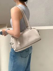 Chic minimal leather Boston shoulder bag for women versatile casual underarm retro handbag