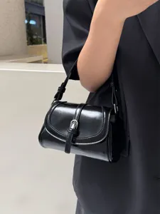Black patent leather shoulder bag, chic retro crossbody bag, stylish women mini handbag.