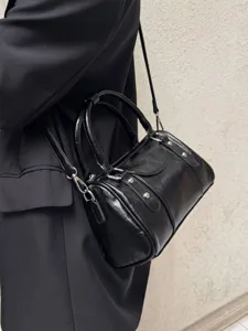 Black glossy bowling bag stylish Boston shoulder bag PU leather messenger bag for women