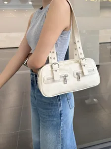 Retro white bowling shoulder bag for women, stylish PU leather Boston handbag with metal zippers.