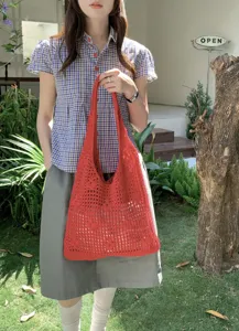 Red crochet knit tote bag casual hollow out shoulder bag summer fashion style new.
