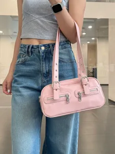 Pink retro Boston shoulder bag for women, stylish PU leather bowling bag with double zipper pockets.