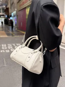 Chic white leather bowling shoulder bag, versatile Boston crossbody bag for women daily.