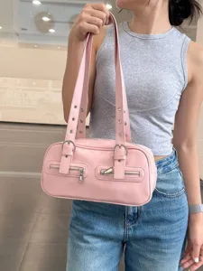 Pink retro Boston shoulder bag for women, stylish PU leather handbag with dual straps.