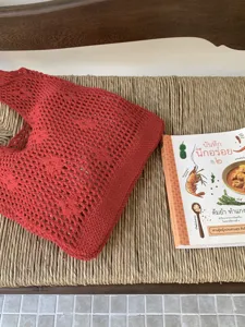 Red crochet knit tote bag detail, casual hollow out shoulder bag for summer beach daily use.