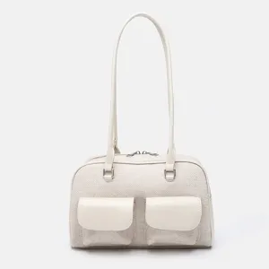 Retro off-white shoulder bag for women, large capacity college style handbag with dual front pockets.