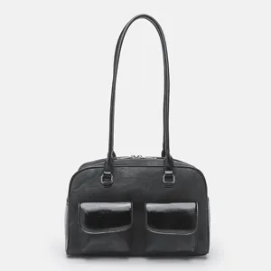 Black vintage college style large capacity women shoulder handbag casual commuter tote bag