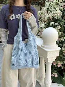 Women Casual Knit Woven Tote Bag Large Capacity Hollow Out Shoulder Bag Summer Vacation Commuting Casual Handbag