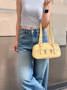 Retro yellow bowling shoulder bag, trendy boston handbag for women, versatile daily PU leather purse.