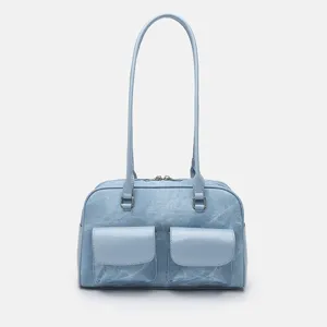 Light blue vintage style shoulder bag detail, casual commute handbag with front pockets