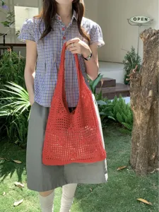 Summer casual red crochet knit tote bag, large capacity hollow shoulder bag for women daily commute.