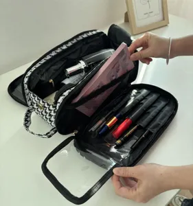 Large capacity houndstooth makeup bag multi-functional travel toiletry organizer pouch.