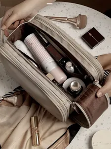 Large capacity cosmetic bag for women, multi-functional travel makeup storage pouch with double layers.
