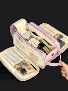 Large capacity travel makeup bag with multi-layer storage, portable cosmetic organizer.