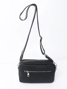 Black PU leather crossbody bag for women, stylish shoulder bag with striped strap.