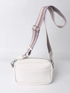 Women PU leather crossbody bag with stylish striped wide strap casual shoulder bag white